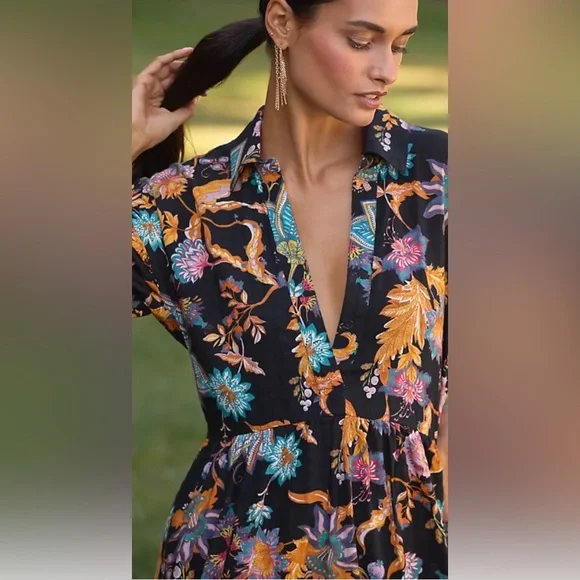 ANTHROPOLOGIE THE CAROLITA PRINTED TIERED MAXI DRESS SIZE S BLACK MOTIF NWT - Picture 6 of 14